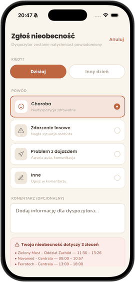 Aplikacja mobilna pracownika ze zgłoszeniem nieobecności — powód i lista zleceń, których dotyczy