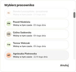 Okno wyboru dostępnego pracownika
